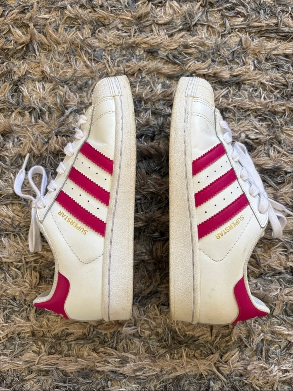 Adidas Superstar White Sneakers with Pink Stripes Fit Women’s 6